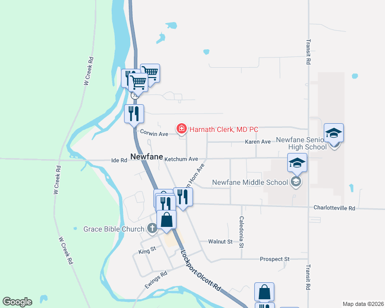 map of restaurants, bars, coffee shops, grocery stores, and more near 6069 Ketchum Avenue in Newfane