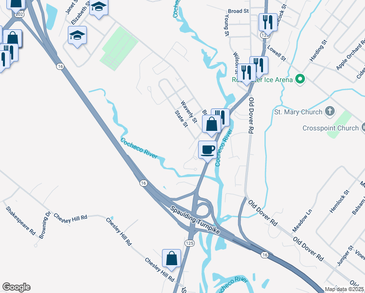 map of restaurants, bars, coffee shops, grocery stores, and more near 15 Old Gonic Road in Rochester