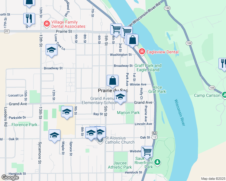 map of restaurants, bars, coffee shops, grocery stores, and more near in Prairie du Sac