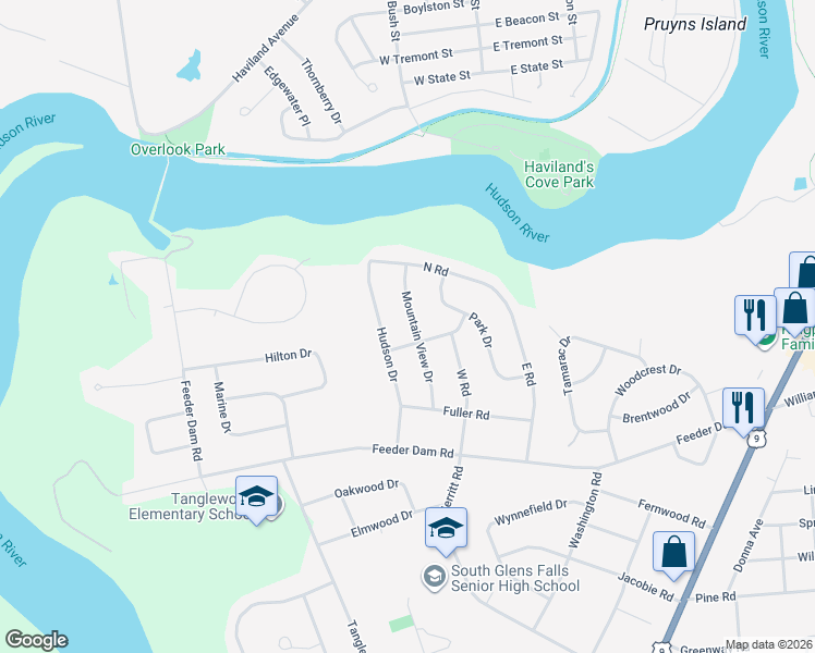 map of restaurants, bars, coffee shops, grocery stores, and more near 12 Mountain View Drive in South Glens Falls