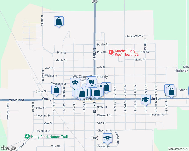 map of restaurants, bars, coffee shops, grocery stores, and more near 700 Walnut Street in Osage