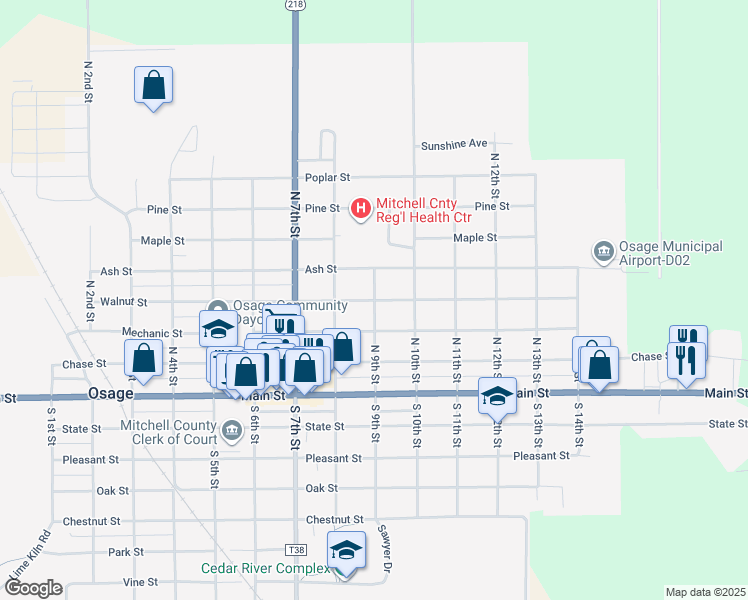 map of restaurants, bars, coffee shops, grocery stores, and more near 898 Walnut St in Osage