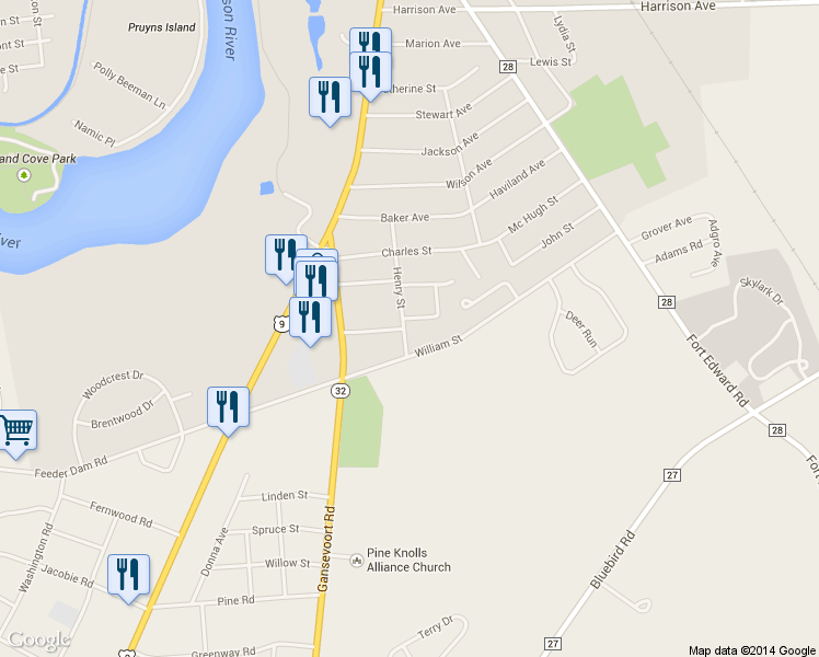 map of restaurants, bars, coffee shops, grocery stores, and more near 2 Washburn Street in South Glens Falls