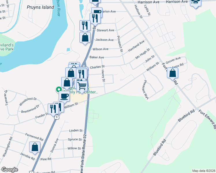 map of restaurants, bars, coffee shops, grocery stores, and more near 2 Washburn Street in South Glens Falls