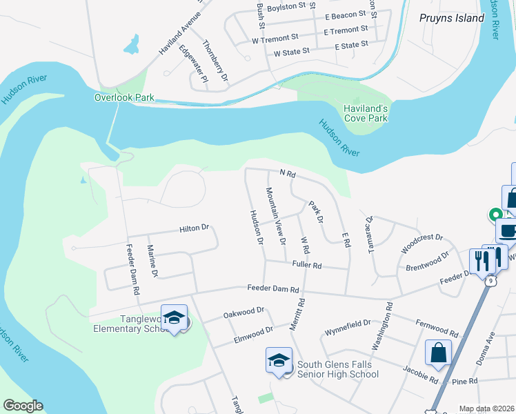 map of restaurants, bars, coffee shops, grocery stores, and more near 12 Mountain View Drive in South Glens Falls