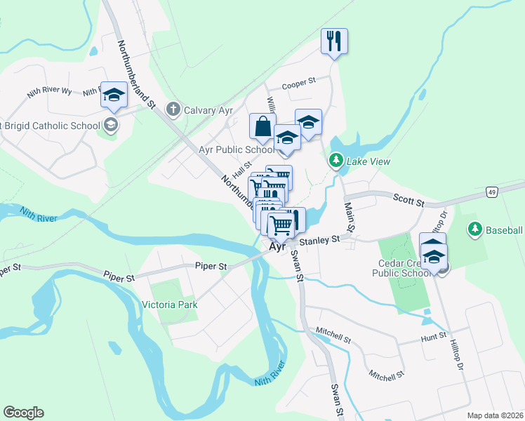 map of restaurants, bars, coffee shops, grocery stores, and more near in Ayr