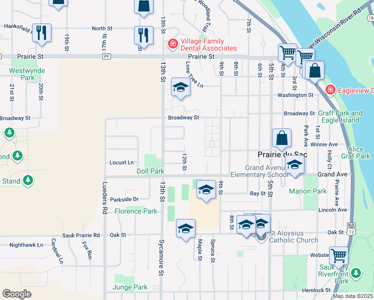 map of restaurants, bars, coffee shops, grocery stores, and more near 995 Broadway in Prairie du Sac