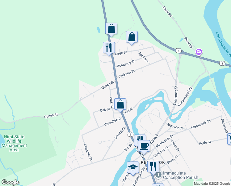 map of restaurants, bars, coffee shops, grocery stores, and more near 97 North Main Street in Boscawen