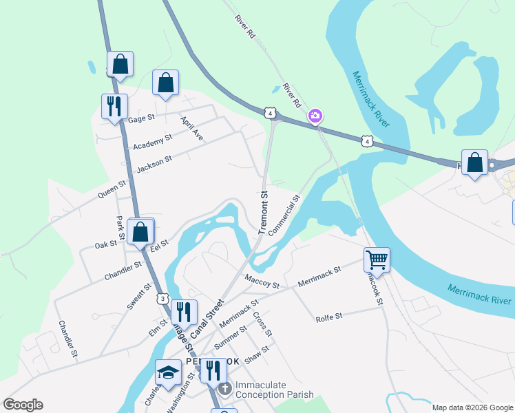 map of restaurants, bars, coffee shops, grocery stores, and more near 15 Tremont Street in Boscawen