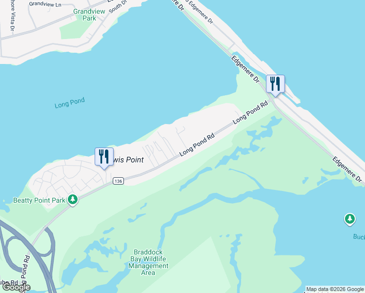 map of restaurants, bars, coffee shops, grocery stores, and more near 101A Long Pond Road in Rochester