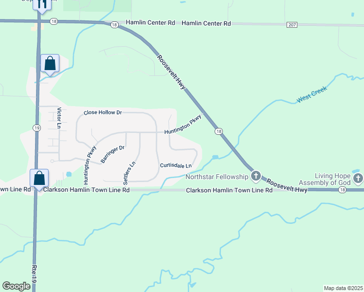 map of restaurants, bars, coffee shops, grocery stores, and more near 19 Curtisdale Lane in Hamlin