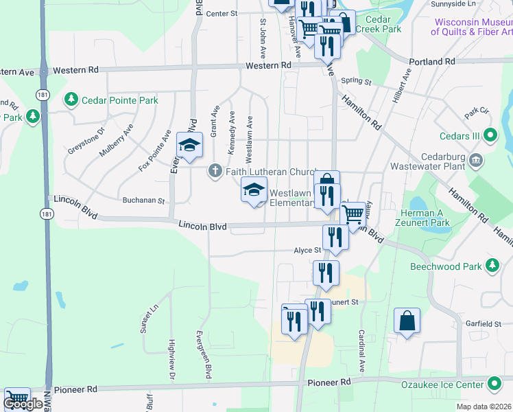 map of restaurants, bars, coffee shops, grocery stores, and more near w64n319 Madison Avenue in Cedarburg