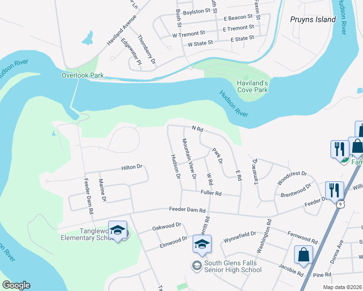 map of restaurants, bars, coffee shops, grocery stores, and more near 12 Mountain View Drive in South Glens Falls