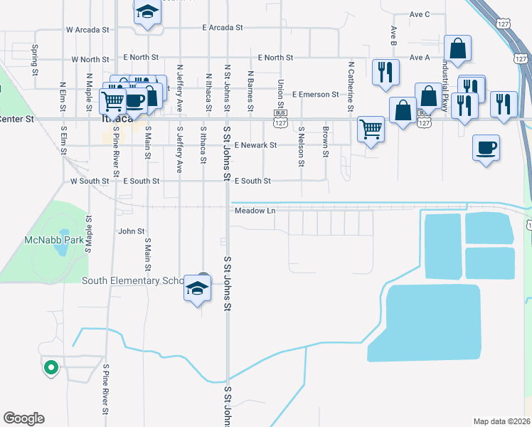 map of restaurants, bars, coffee shops, grocery stores, and more near 79 Meadow Lane in Ithaca