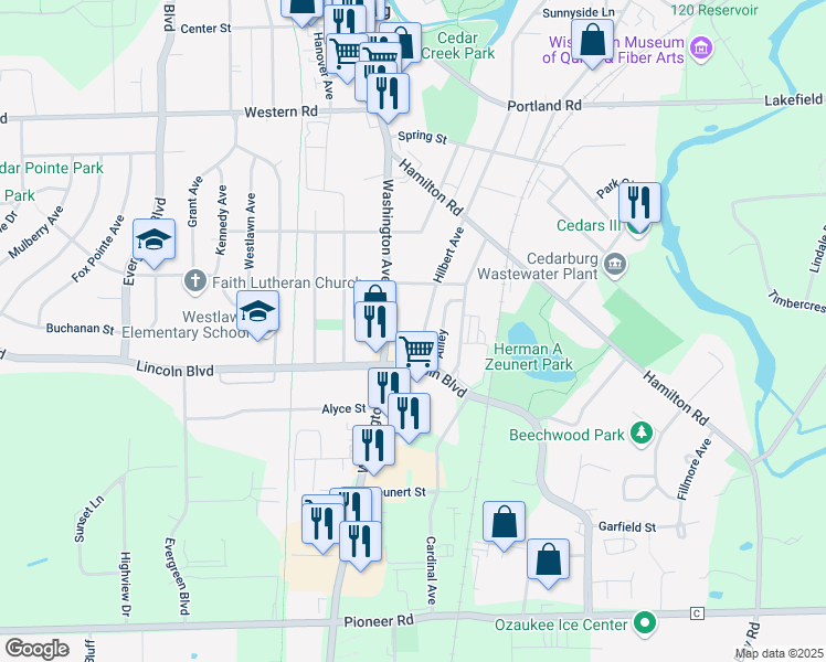 map of restaurants, bars, coffee shops, grocery stores, and more near W61N306 Washington Avenue in Cedarburg