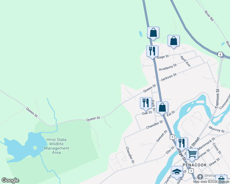 map of restaurants, bars, coffee shops, grocery stores, and more near 40 Queen Street in Boscawen