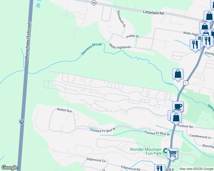 map of restaurants, bars, coffee shops, grocery stores, and more near 304 Littlefield Village Road in Ogunquit