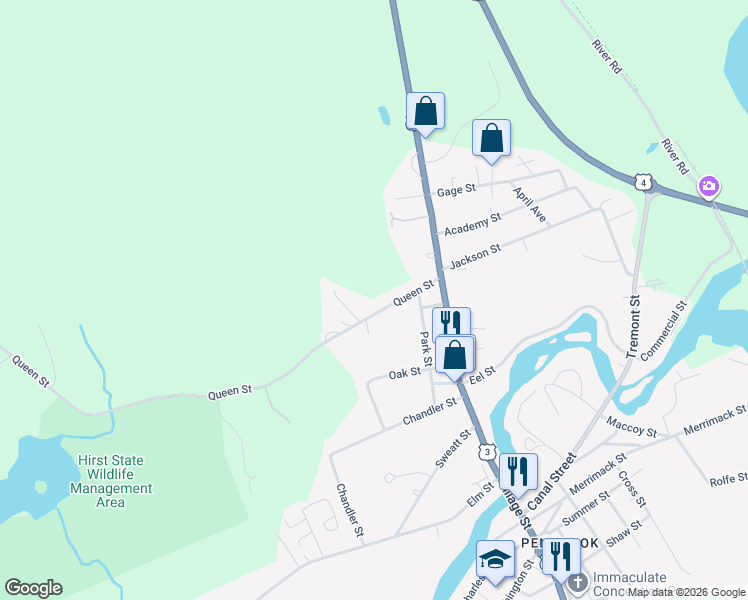 map of restaurants, bars, coffee shops, grocery stores, and more near 18 Queen Street in Boscawen
