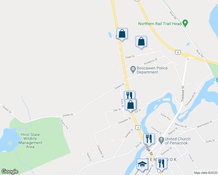 map of restaurants, bars, coffee shops, grocery stores, and more near 18 Queen Street in Boscawen