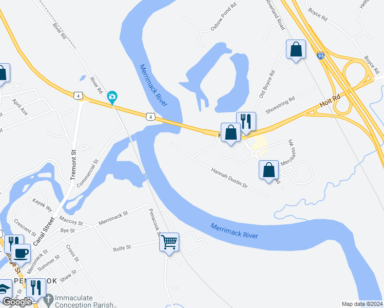 map of restaurants, bars, coffee shops, grocery stores, and more near 15 Hannah Dustin Drive in Concord