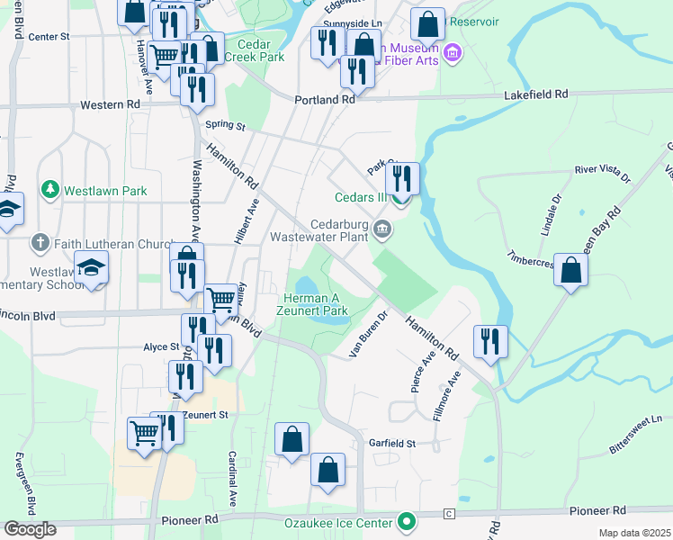 map of restaurants, bars, coffee shops, grocery stores, and more near N34W5543 Hamilton Road in Cedarburg