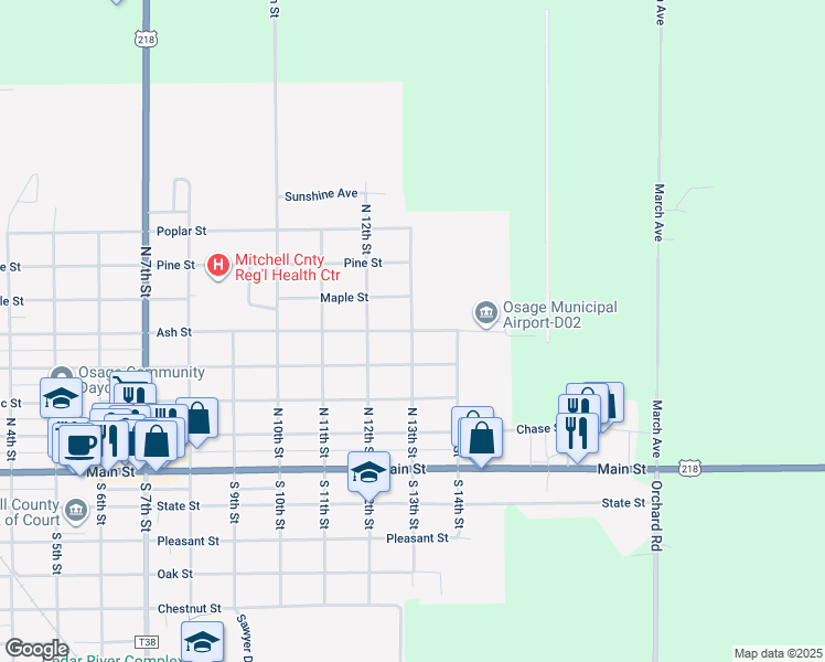 map of restaurants, bars, coffee shops, grocery stores, and more near 500 North 13th Street in Osage