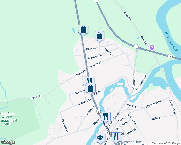map of restaurants, bars, coffee shops, grocery stores, and more near 114 North Main Street in Boscawen