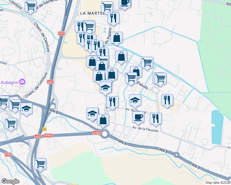 map of restaurants, bars, coffee shops, grocery stores, and more near Avenue du Labbé in Aubagne