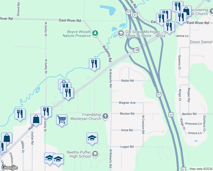 map of restaurants, bars, coffee shops, grocery stores, and more near 1999 North Roberts Road in Muskegon