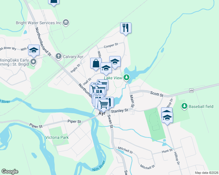map of restaurants, bars, coffee shops, grocery stores, and more near 88 Gibson Street in Ayr