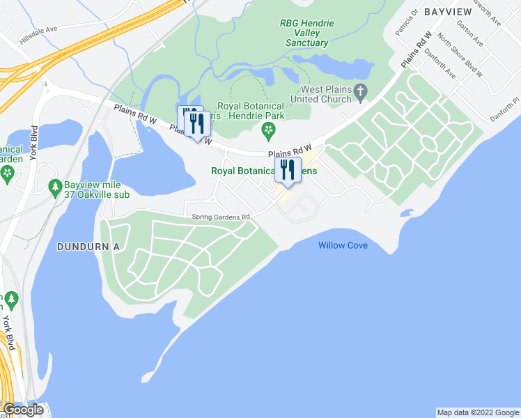 map of restaurants, bars, coffee shops, grocery stores, and more near 733 Spring Gardens Road in Burlington