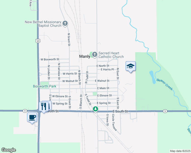 map of restaurants, bars, coffee shops, grocery stores, and more near 206 North Broadway Street in Manly