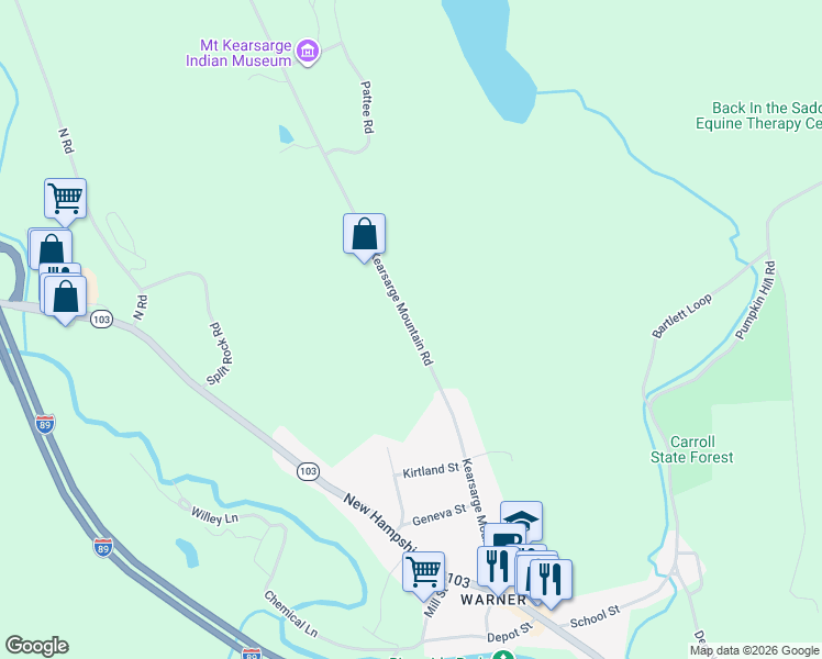 map of restaurants, bars, coffee shops, grocery stores, and more near 183 Kearsarge Mountain Road in Warner