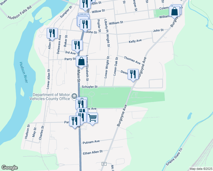 map of restaurants, bars, coffee shops, grocery stores, and more near 510 Lower Wright Street in Hudson Falls