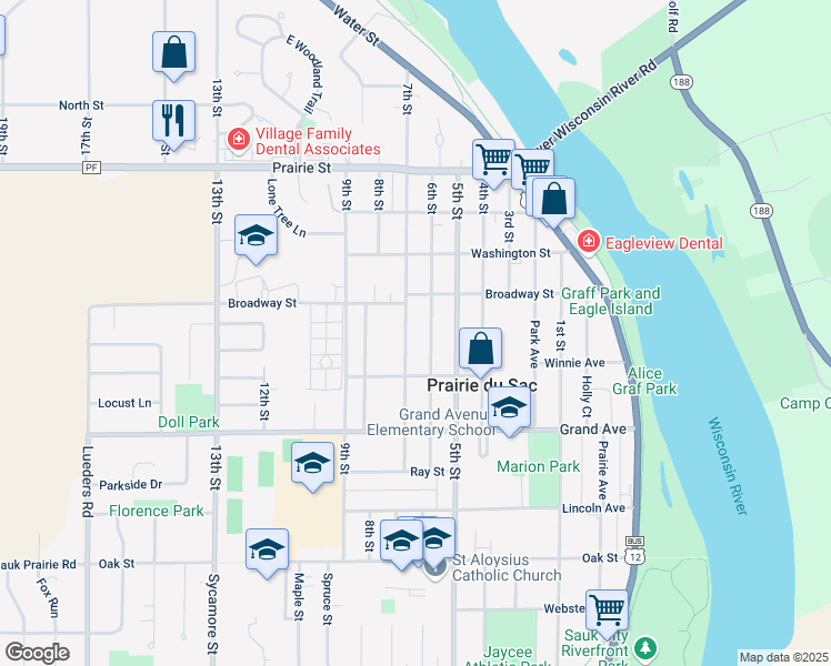 map of restaurants, bars, coffee shops, grocery stores, and more near 360 7th Street in Prairie du Sac