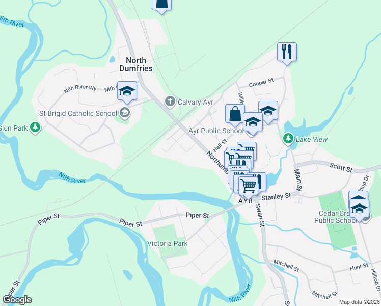 map of restaurants, bars, coffee shops, grocery stores, and more near 25 Bute Street in North Dumfries