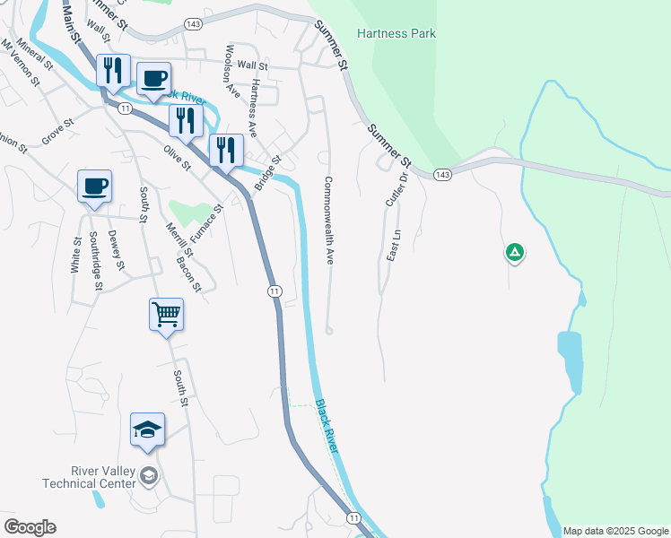 map of restaurants, bars, coffee shops, grocery stores, and more near 172 Commonwealth Avenue in Springfield