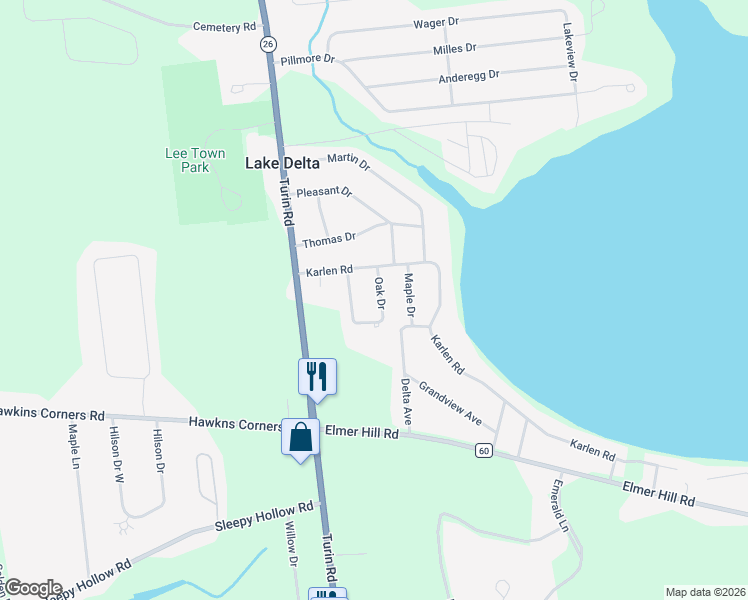 map of restaurants, bars, coffee shops, grocery stores, and more near 8819 Oak Drive in Rome