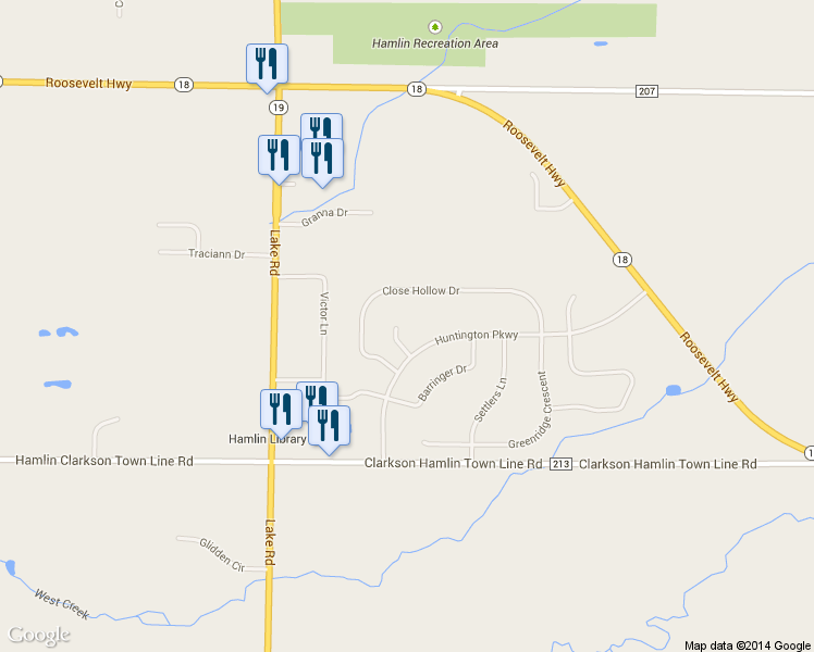 map of restaurants, bars, coffee shops, grocery stores, and more near 32 Downs Meadow Court in Hamlin