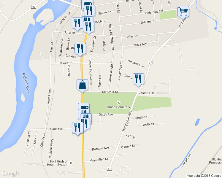 map of restaurants, bars, coffee shops, grocery stores, and more near 510 Lower Wright Street in Hudson Falls