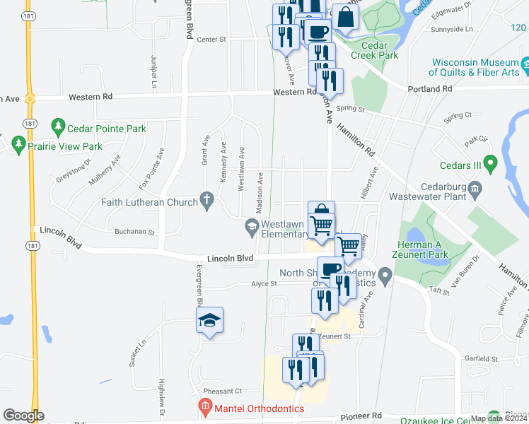 map of restaurants, bars, coffee shops, grocery stores, and more near W64N356 Madison Ave in Cedarburg