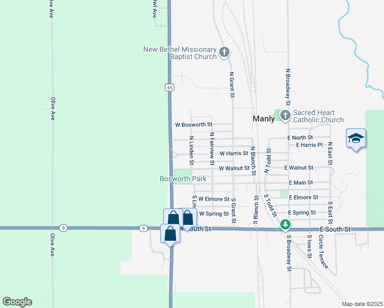 map of restaurants, bars, coffee shops, grocery stores, and more near 399 W Harris St in Manly