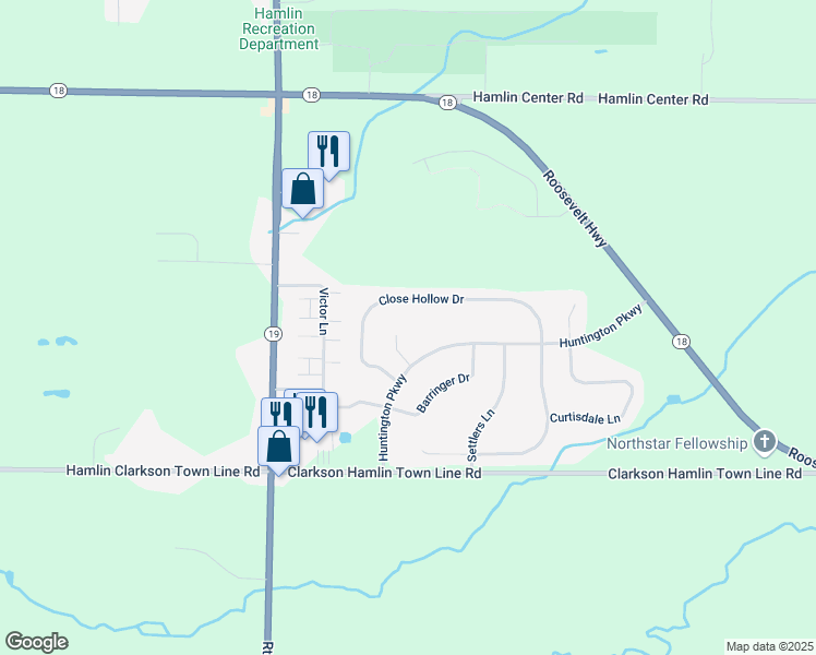 map of restaurants, bars, coffee shops, grocery stores, and more near 32 Downs Meadow Court in Hamlin