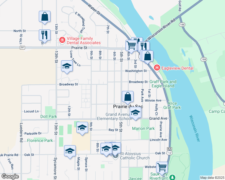 map of restaurants, bars, coffee shops, grocery stores, and more near 360 7th Street in Prairie du Sac