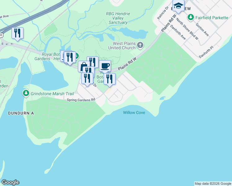 map of restaurants, bars, coffee shops, grocery stores, and more near 710 Spring Gardens Road in Burlington