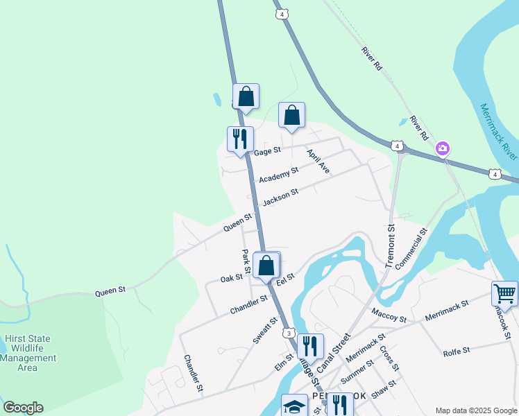 map of restaurants, bars, coffee shops, grocery stores, and more near 114 North Main Street in Boscawen