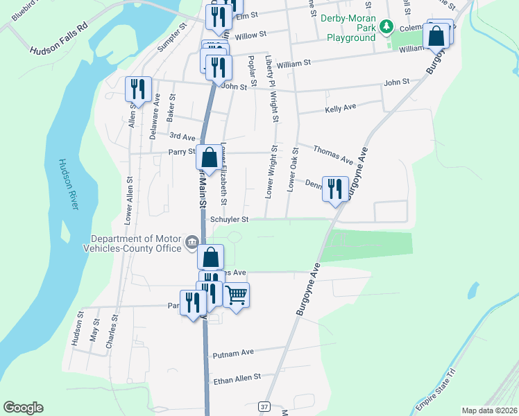 map of restaurants, bars, coffee shops, grocery stores, and more near 510 Lower Wright Street in Hudson Falls