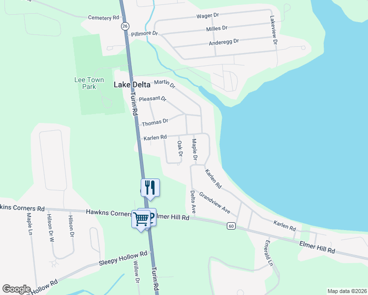 map of restaurants, bars, coffee shops, grocery stores, and more near 8819 Oak Drive in Rome