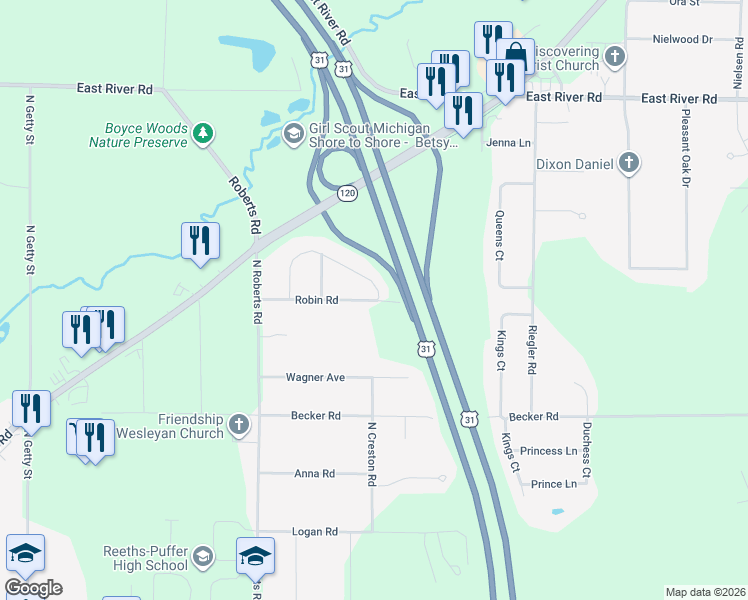 map of restaurants, bars, coffee shops, grocery stores, and more near 1359 Robin Road in Muskegon