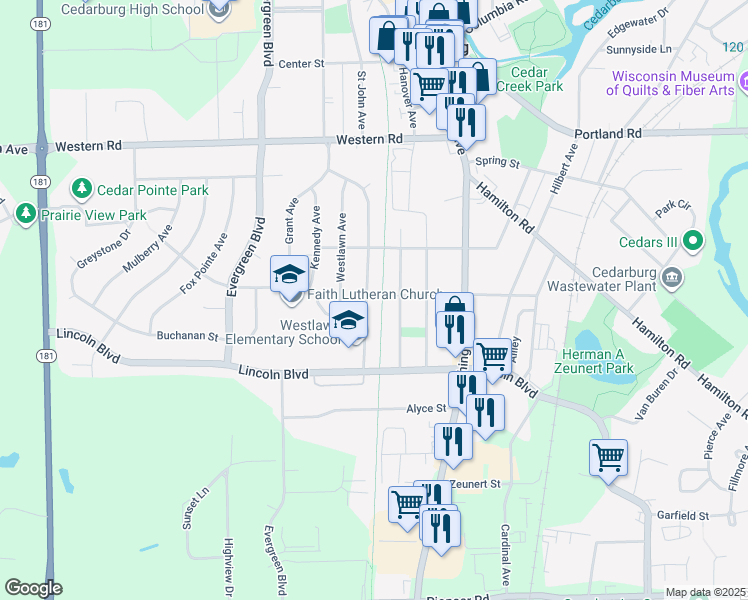 map of restaurants, bars, coffee shops, grocery stores, and more near W64N356 Madison Avenue in Cedarburg